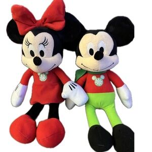 Disney Mickey & Minnie Mouse Christmas Plush Set Red & Green Holiday Outfits